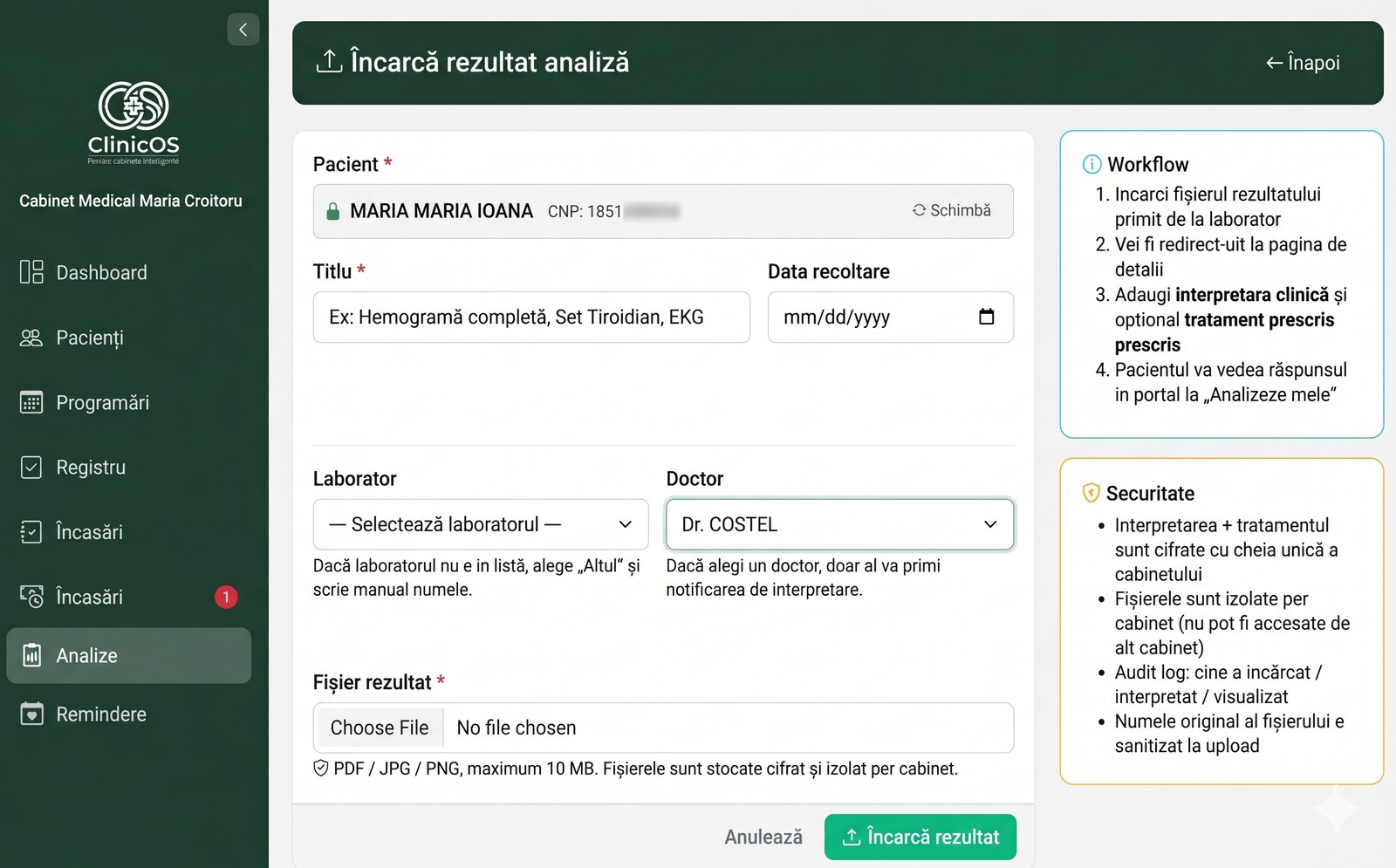 Upload analize cabinet — form cu dropdown laboratoare + interpretare clinică