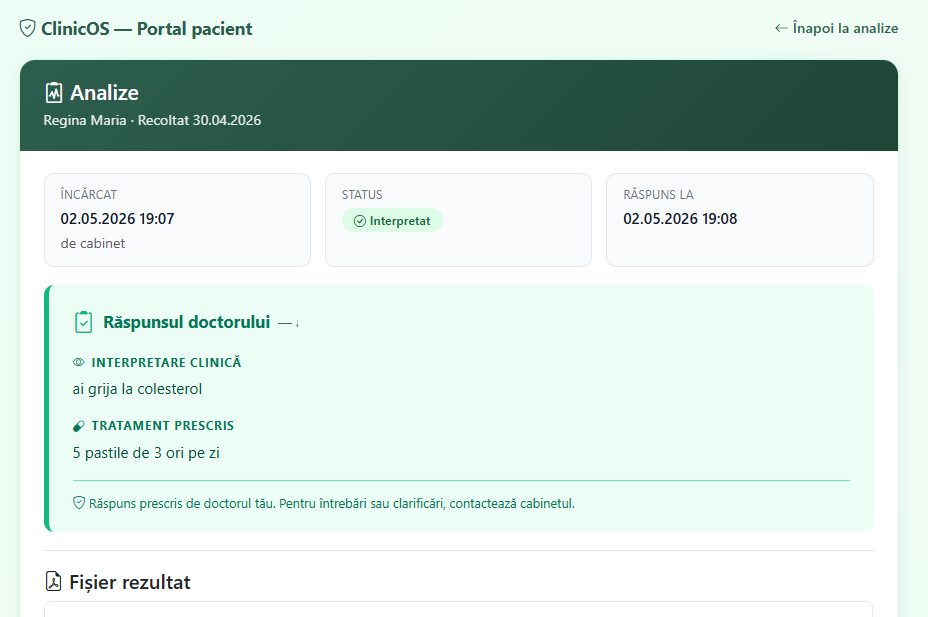 Pacient vede răspunsul în portal — card verde cu interpretare clinică + tratament