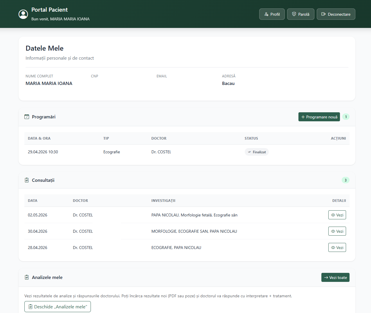 Portal pacient ClinicOS — dashboard cu istoric programări, analize, documente