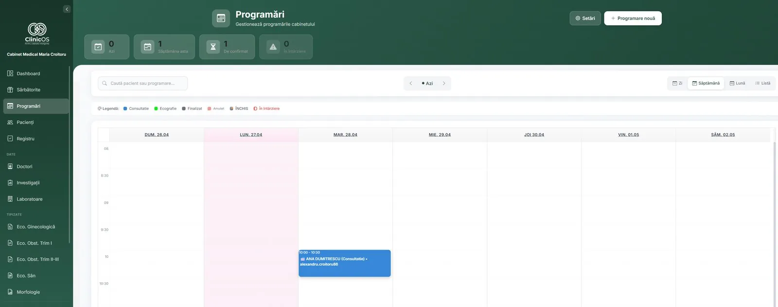 Calendar programări ClinicOS — vizualizare săptămânală cu cod culori